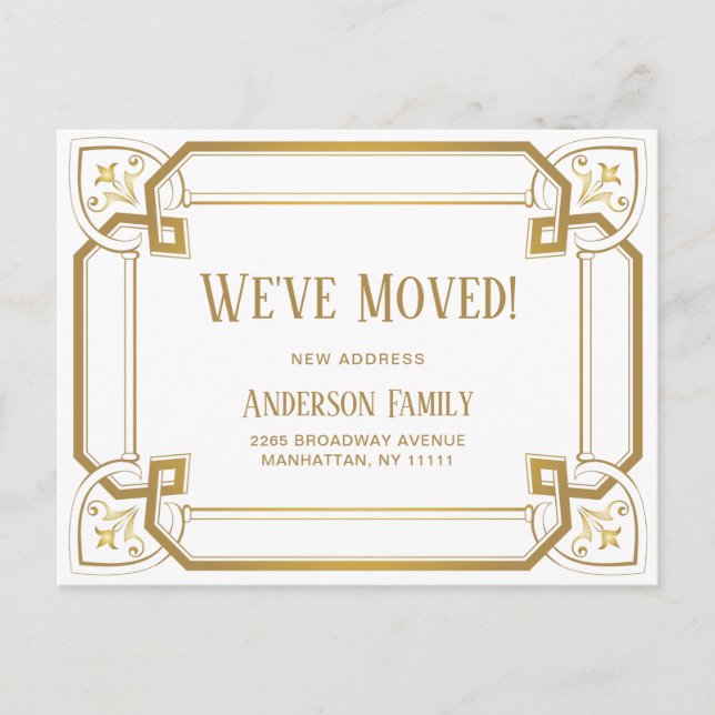 Elegant Golden Art Deco Moving Announcement Postcard (Front)