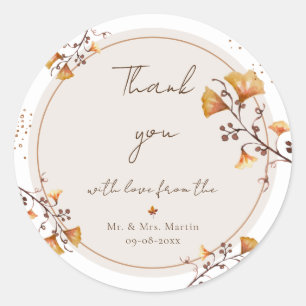 Elegant Golden Autumn Leaf Wedding Thank You Classic Round Sticker