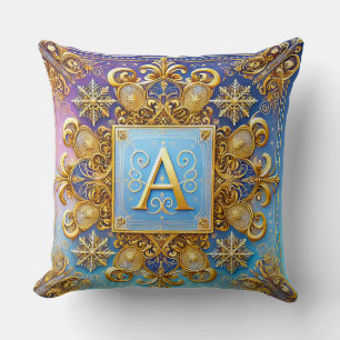 Elegant Golden Baroque Letter A on Blue Backdrop Throw Pillow