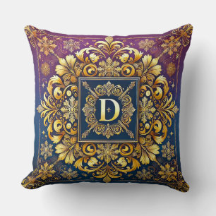 Elegant Golden Baroque Letter D on Blue Backdrop Throw Pillow