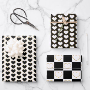 Elegant Golden Black & White Hearts Pattern Wrapping Paper Sheet