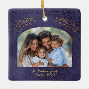 Elegant Golden Branches Arch Photo Blue Ceramic Ornament