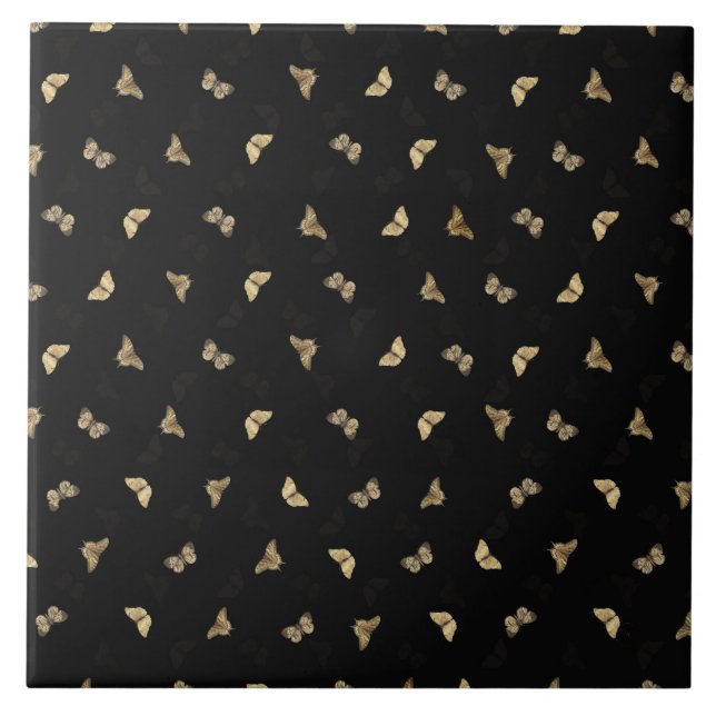 Elegant Golden Butterflies Black Pattern Tile (Front)