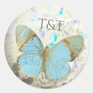 Elegant Golden Butterflies Personalized Name Date Classic Round Sticker