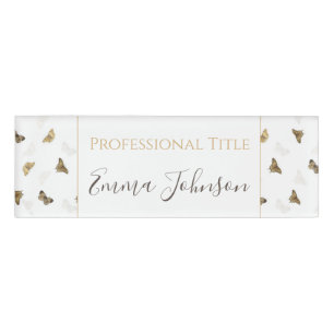 Elegant Golden Butterflies White Pattern Name Tag