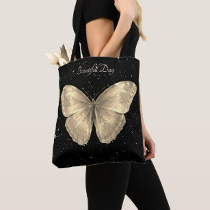 Elegant golden Butterfly and black sky with stars Tote Bag