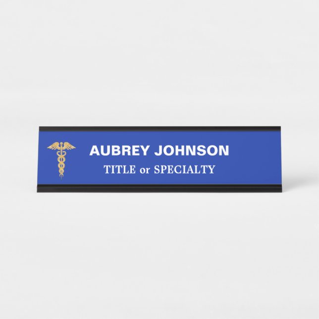 Elegant Golden Caduceus on Royal Blue Desk Name Plate (Front)