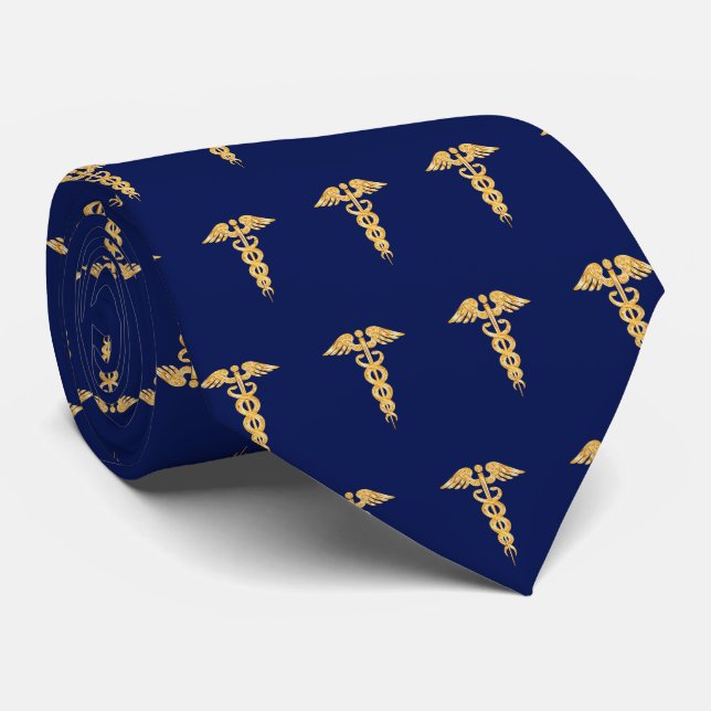 Elegant Golden Caduceus Pattern on Navy Blue Neck  Tie (Rolled)