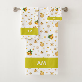 Elegant Golden Christmas Icons & Monogram on White