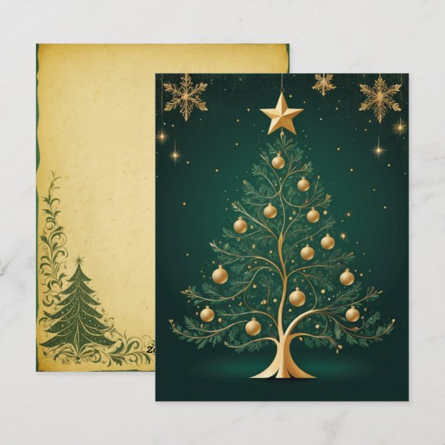 Elegant Golden Christmas Tree Greeting Card (Front/Back)