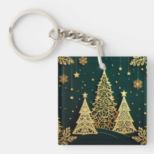 Elegant Golden Christmas Tree Pattern Keychain