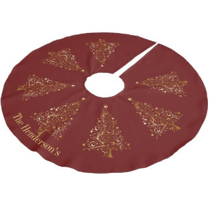 Elegant Golden Christmas Trees on Dark Red Brushed Polyester Tree Skirt