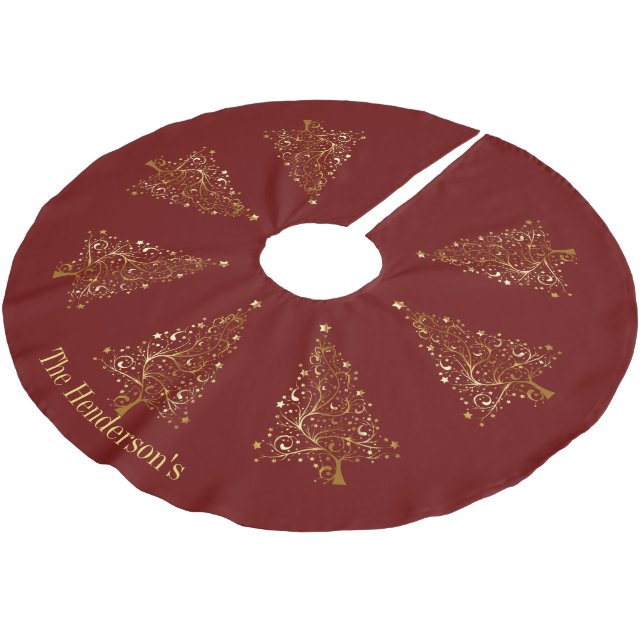 Elegant Golden Christmas Trees on Dark Red Brushed Polyester Tree Skirt (Angled)
