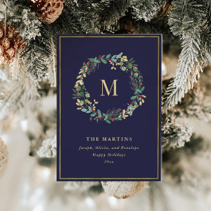 Elegant Golden Christmas Wreath with Monogram Holiday Card