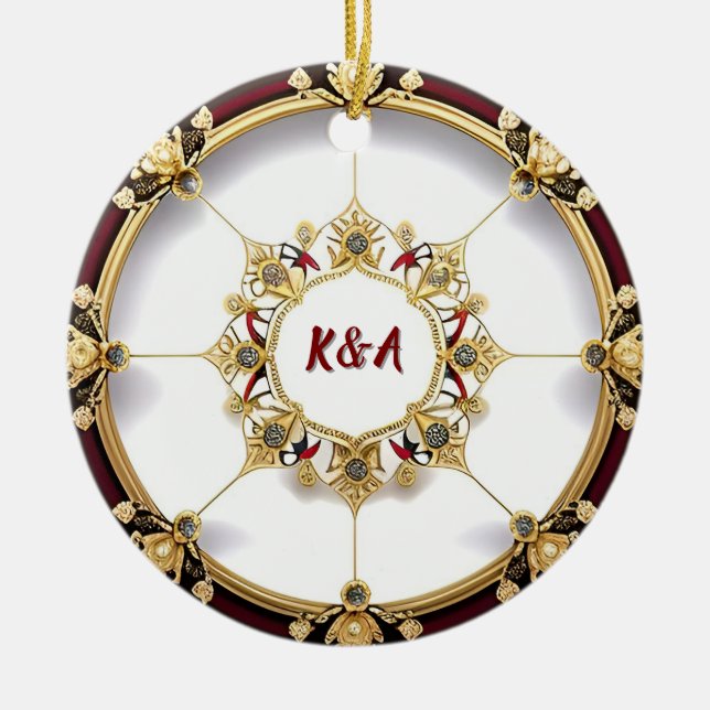 Elegant Golden Circular Frame Ceramic Ornament (Front)