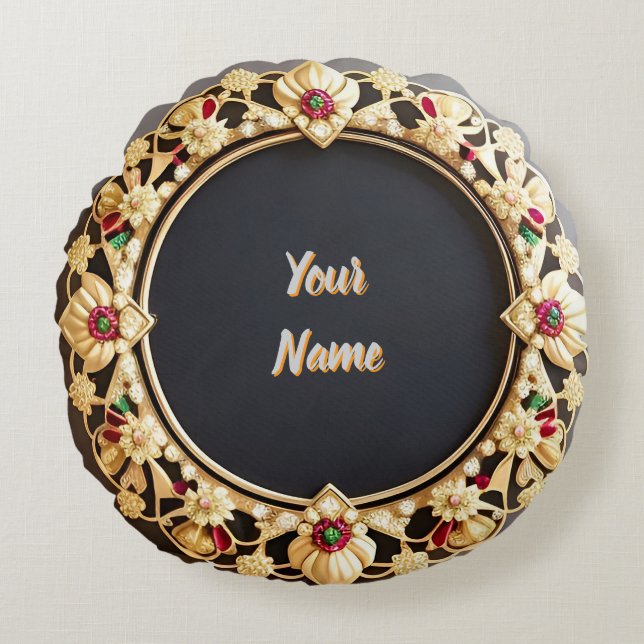 Elegant Golden Circular Frame Round Pillow (Front)