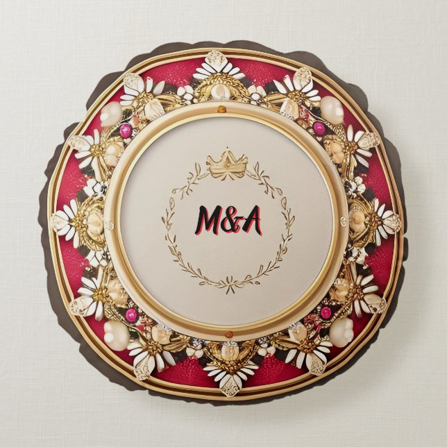 Elegant Golden Circular Frame Round Pillow (Front)