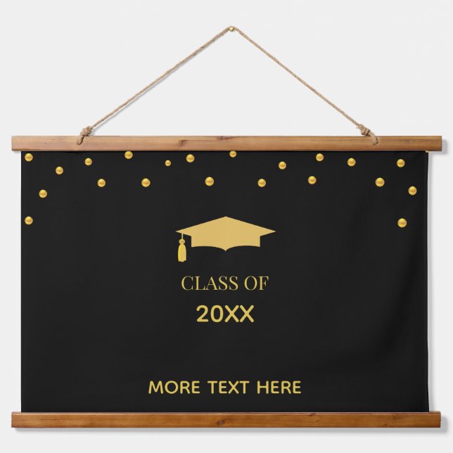 Elegant Golden Confetti Graduation on Black Hanging Tapestry (Front)