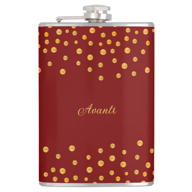 Elegant Golden Confetti on Red Personalized Hip Flask (Front)