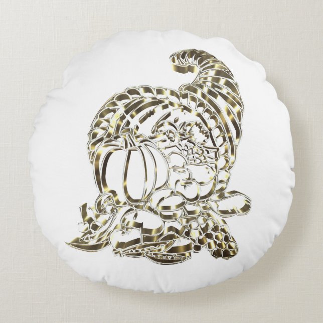 Elegant Golden Cornucopia Happy Thanksgiving Round Pillow (Front)