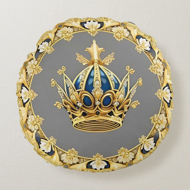 Elegant Golden Crown Round Pillow (Front)