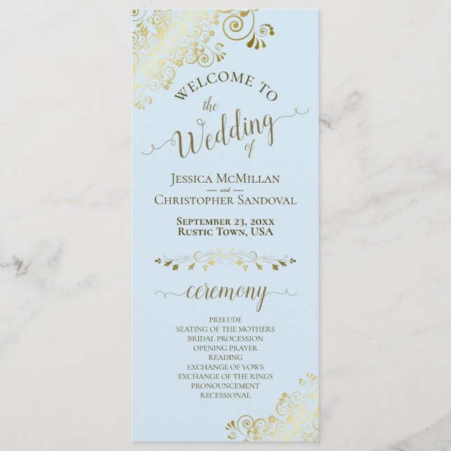 Elegant Golden Curls Powder Blue Wedding Program (Front)