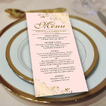 Elegant Golden Curls & Swirls Blush Pink Wedding Menu<br><div class="desc">This beautiful menu will add some style to your wedding reception. It features a beautiful design with ornate golden faux foil curls and swirls on a pale blush pink coloured background. There is space for the names of the couple and wedding date,  and the text is fully customizable.</div>