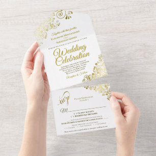 Elegant Golden Curls & Swirls on White Wedding All In One Invitation