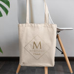 Elegant Golden Custom Monogram & Name Bridesmaid  Tote Bag<br><div class="desc">Customizable elegant tote bag design with gold colour and diamond shape outline with monogram,  "bridesmaid" script,  and personalized name. Perfect bridesmaid gift idea.</div>