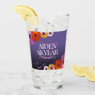 Elegant Golden Daisies with Purple Glitter Wedding Glass