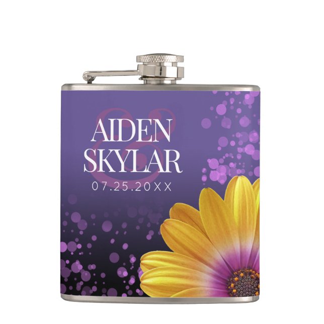 Elegant Golden Daisies with Purple Glitter Wedding Hip Flask (Front)