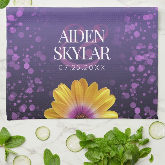 Elegant Golden Daisies with Purple Glitter Wedding Kitchen Towel (Folded)