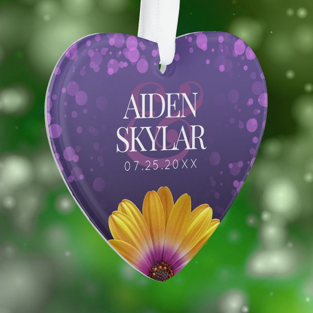 Elegant Golden Daisies with Purple Glitter Wedding Ornament (Elegant Golden Daisies with Purple Glitter Wedding Acrylic Ornament Cover Photo.)