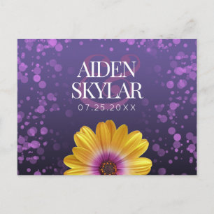 Elegant Golden Daisy with Purple Glitter Wedding Announcement Postcard