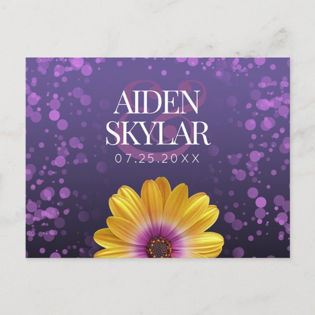 Elegant Golden Daisy with Purple Glitter Wedding Announcement Postcard (Front)