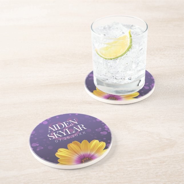 Elegant Golden Daisy with Purple Glitter Wedding Coaster (Side)