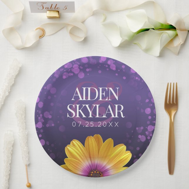 Elegant Golden Daisy with Purple Glitter Wedding Paper Plate (Wedding)