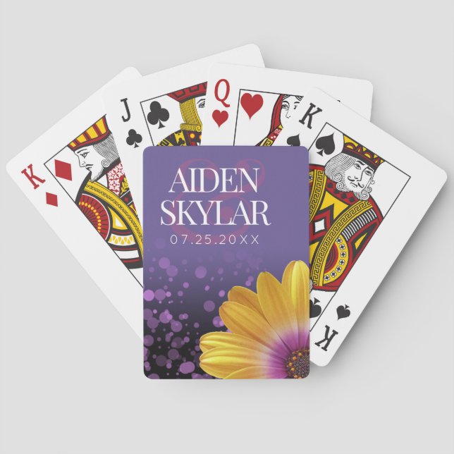 Elegant Golden Daisy with Purple Glitter Wedding Playing Cards (Back)