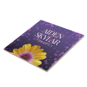 Elegant Golden Daisy with Purple Glitter Wedding Tile