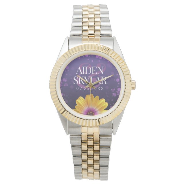 Elegant Golden Daisy with Purple Glitter Wedding Watch (Front)