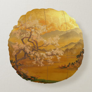 Elegant 'Golden Dawn' Ancient Asia Inspired Round Pillow