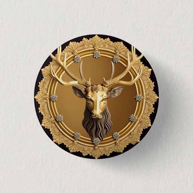 Elegant Golden Deer Emblem with Ornate Frame 1 Inch Round Button (Front)