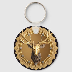 Elegant Golden Deer Emblem with Ornate Frame Keychain