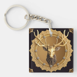 Elegant Golden Deer Emblem with Ornate Frame Keychain