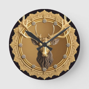 Elegant Golden Deer Emblem with Ornate Frame Round Clock