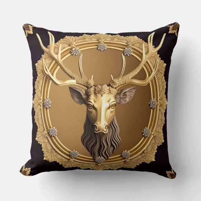 Elegant Golden Deer Emblem with Ornate Frame Throw Pillow (Front)