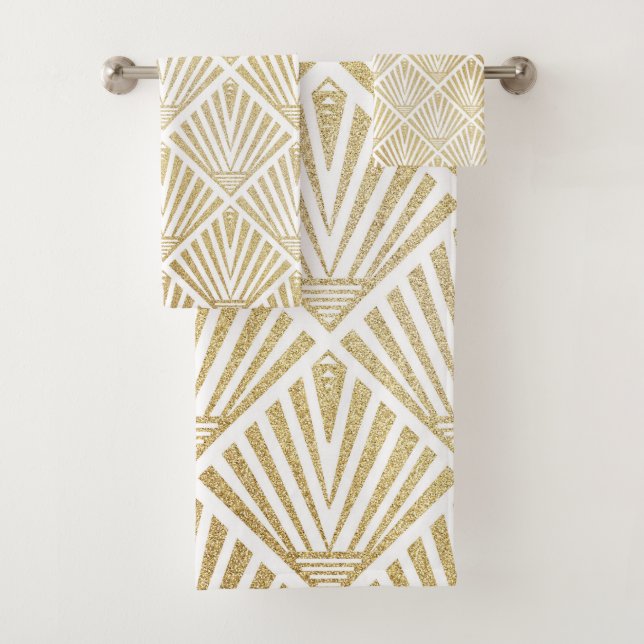 Elegant golden diamond palm art deco design bath towel set (Insitu)