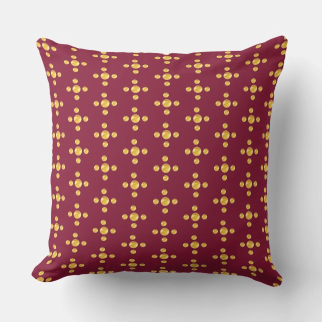 Elegant golden dots on burgundy red throw pillow (Front)