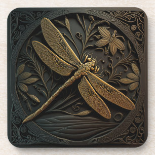 Elegant Golden Dragonfly in Bronze Filigree Coaster