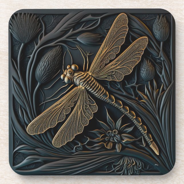 Elegant Golden Dragonfly in Bronze Filigree Coaster (Front)